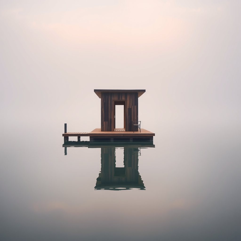 Tea house on the water, morning mist.