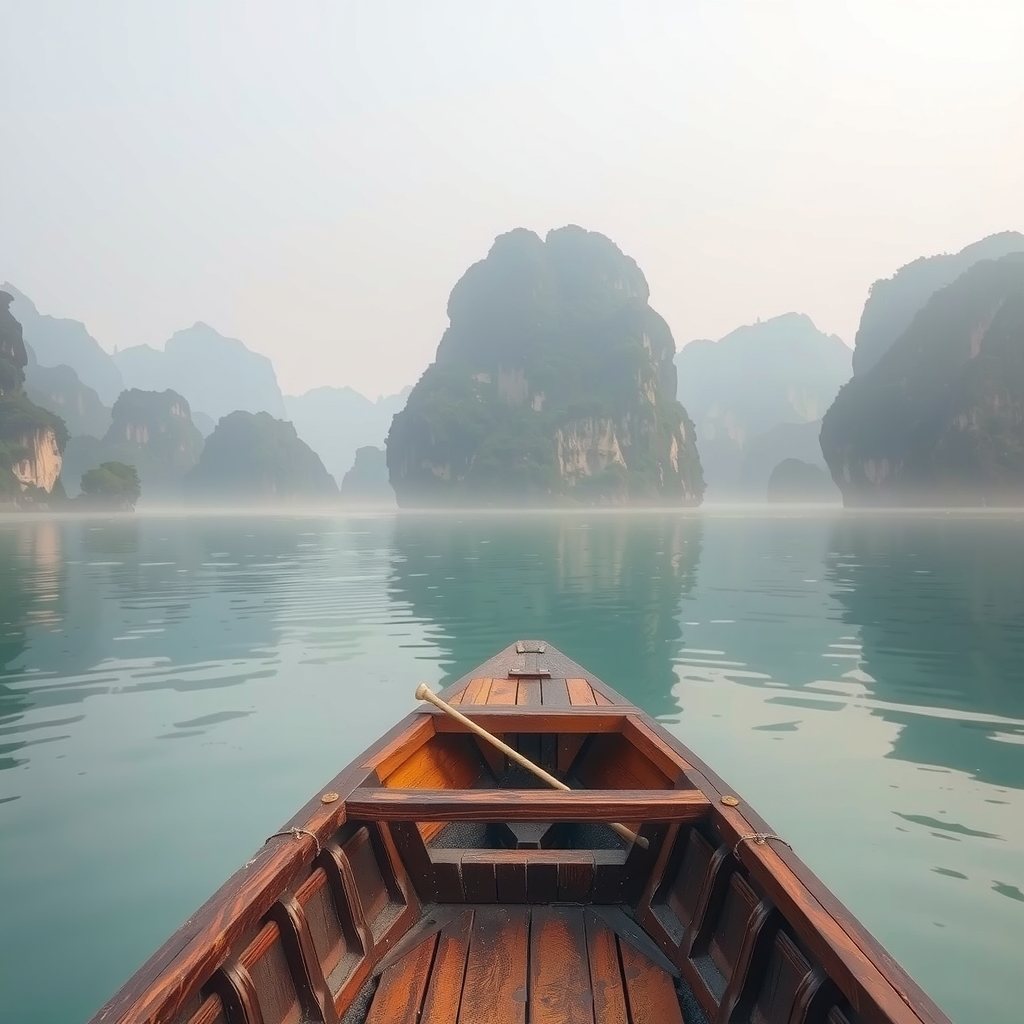 Ha Long Bay at 6 am. Go early, the limestone glows in the haze.