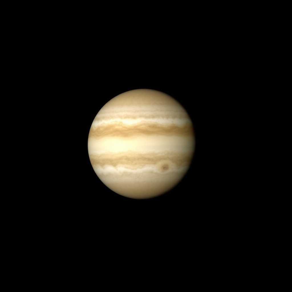 Jupiter through the backyard telescope. The great red spot was facing us tonight.