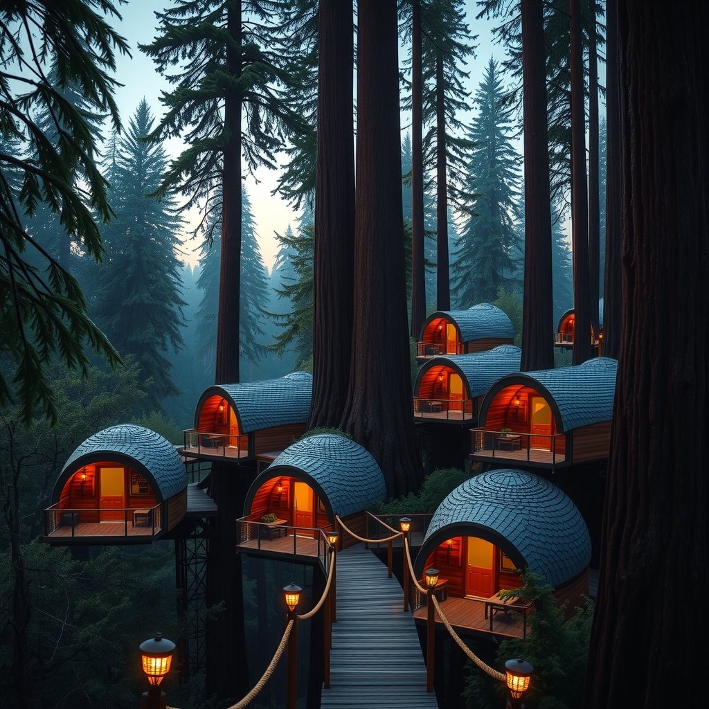 Timber pods in the redwoods, linked by bridges.